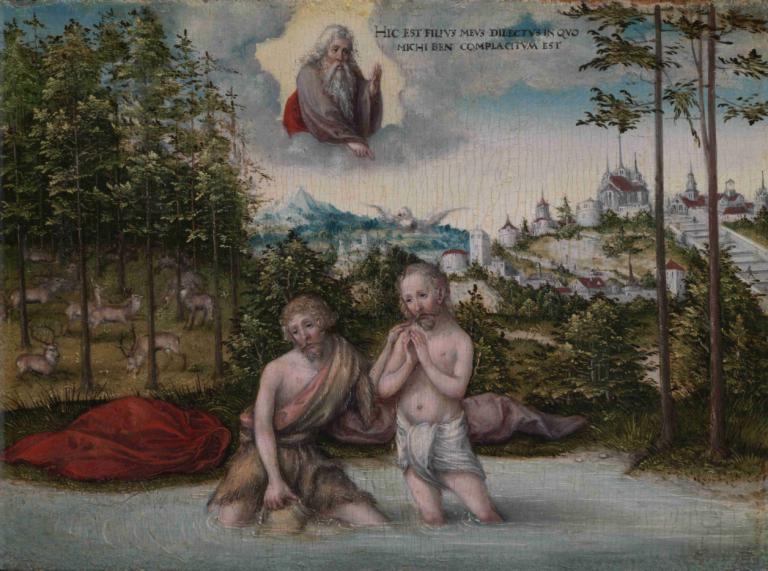 The Baptism of Christ,Lucas Cranach the Elder,Oil Painting,Oil Painting, multiple boys, fine art parody