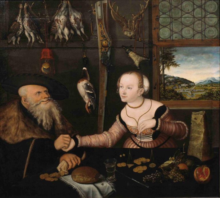 The Ill-matched Couple,Lucas Cranach the Elder,Oil Painting,Oil Painting, 1girl, old, fine art parody, 1boy