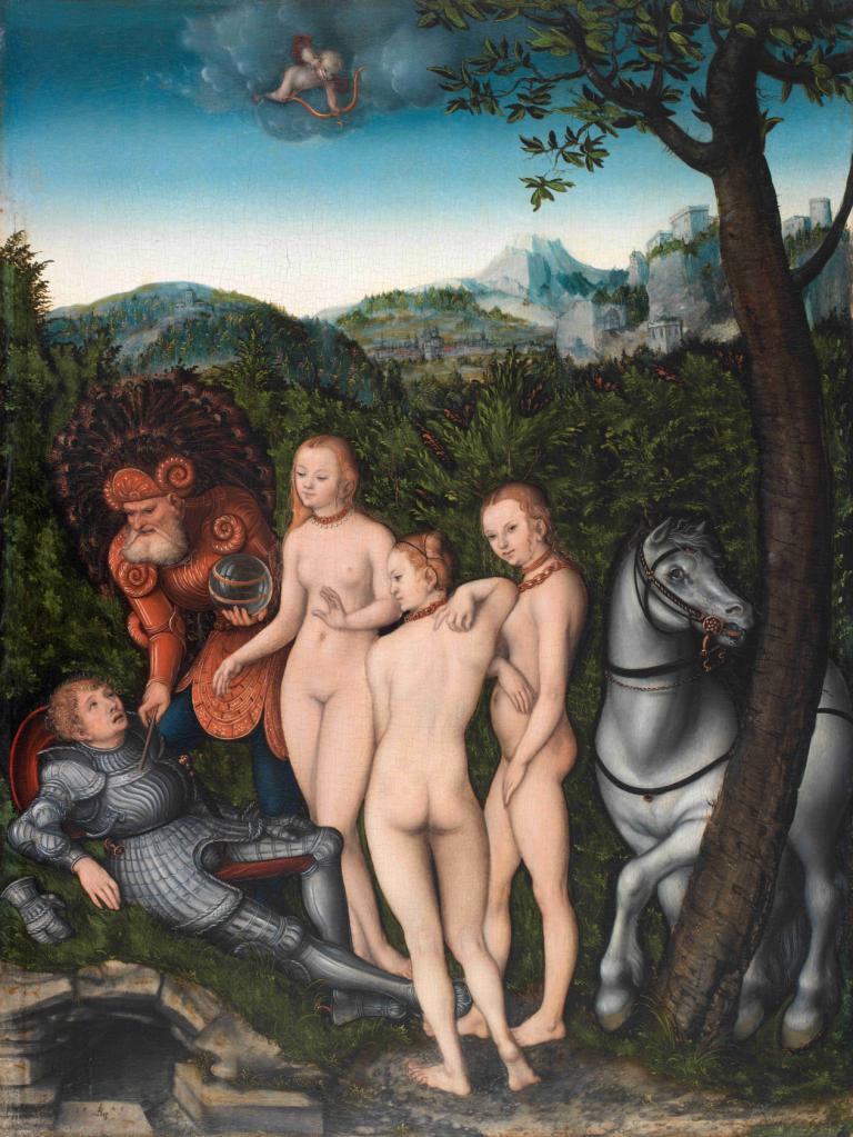 The Judgement of Paris,파리의 심판,Lucas Cranach the Elder,장로 루카스 크라나흐,오일 페인팅,오일 페인팅, 미술 패러디, 여러 여자, 나무, 나체상, 옥외