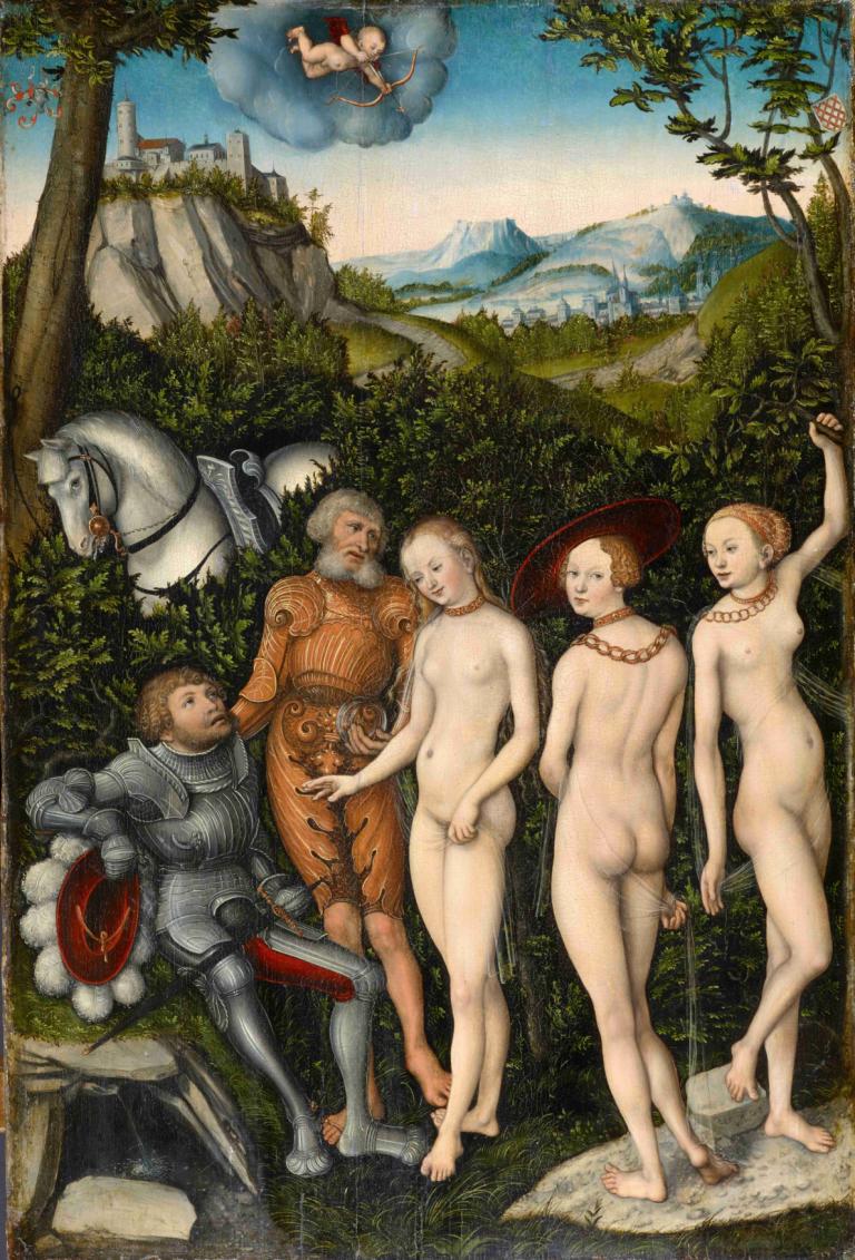 The Judgement of Paris,파리의 심판,Lucas Cranach the Elder,장로 루카스 크라나흐,오일 페인팅,오일 페인팅, 미술 패러디, 나체상, 여러 소년, 나무, 옥외