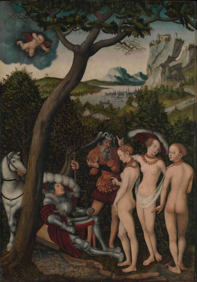 The Judgment of Paris,파리의 심판,Lucas Cranach the Elder,장로 루카스 크라나흐,오일 페인팅,오일 페인팅, 미술 패러디, 나무, 나체상, 여러 여자, 맨발