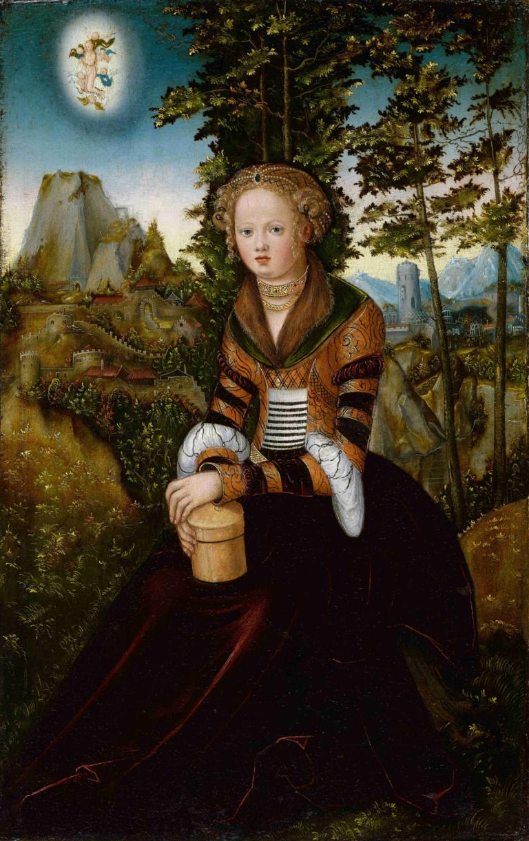 The Magdalene,Lucas Cranach the Elder,Oil Painting,Oil Painting, 1girl, solo, blonde hair, fine art parody