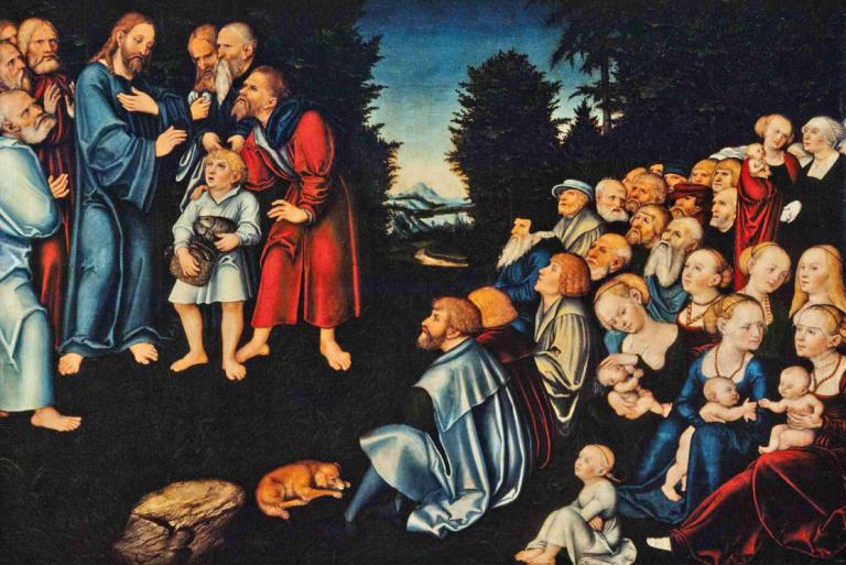 The miracle of the five loaves and two fish,Lucas Cranach the Elder,Oil Painting,Oil Painting, multiple boys