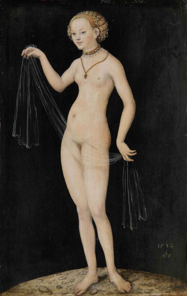 Venus,Lucas Cranach the Elder,Oil Painting,Oil Painting, 1girl, fine art parody, solo, nipples, jewelry