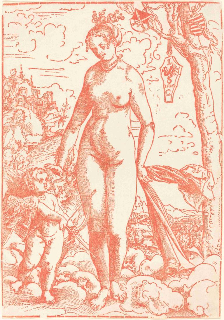 Venus and Cupid,Lucas Cranach the Elder,Copperplate Etching,Copperplate Etching, nude, weapon, breasts, sword