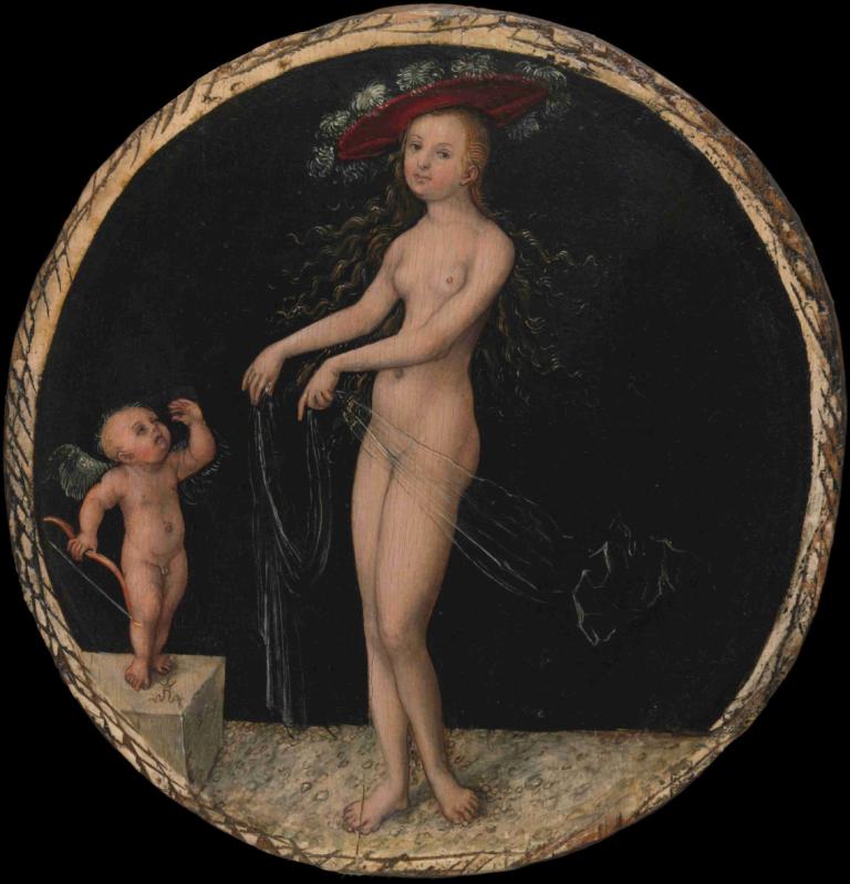 Venus and Cupid,Lucas Cranach the Elder,Oil Painting,Oil Painting, fine art parody, 1girl, nude, nipples