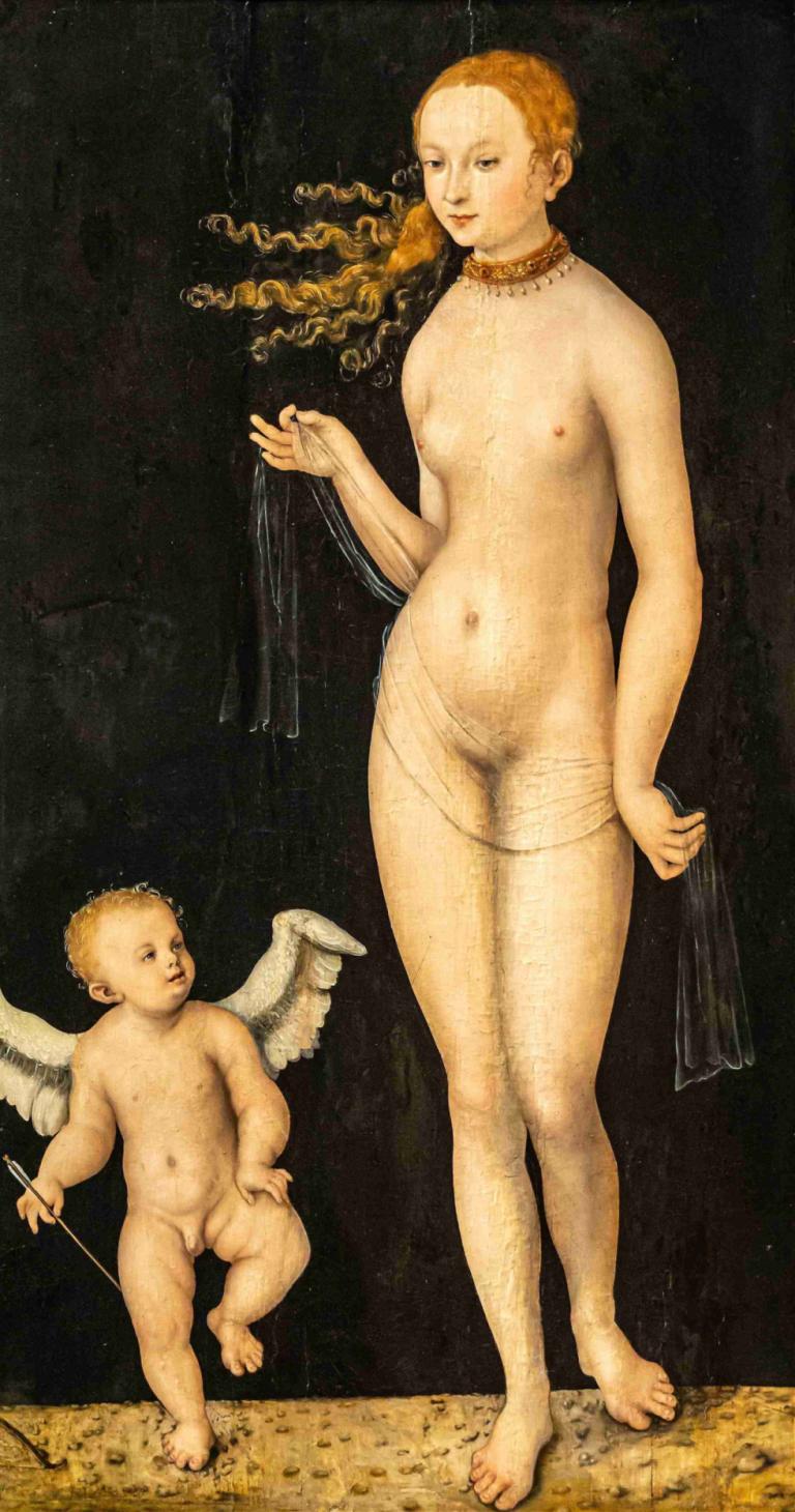 Venus and Cupid,Lucas Cranach the Elder,Oil Painting,Oil Painting, fine art parody, 1girl, wings, blonde hair