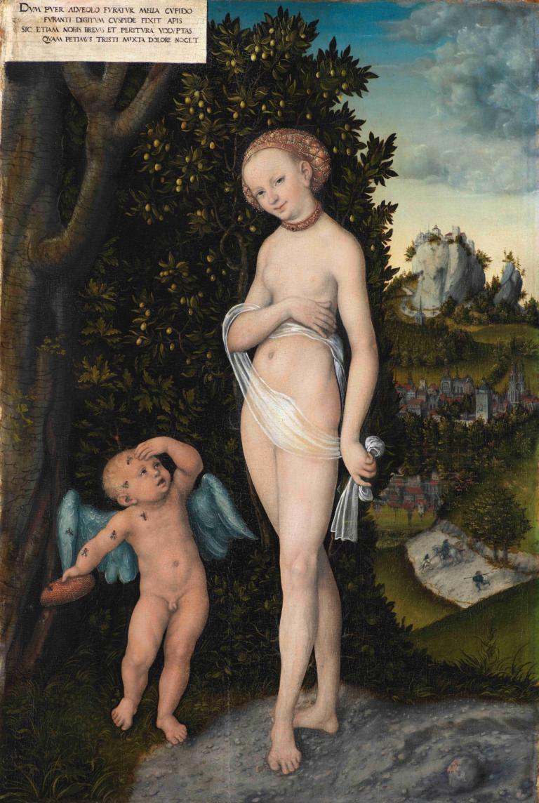 Venus with Cupid Stealing Honey,Lucas Cranach the Elder,Oil Painting,Oil Painting, fine art parody, 1girl