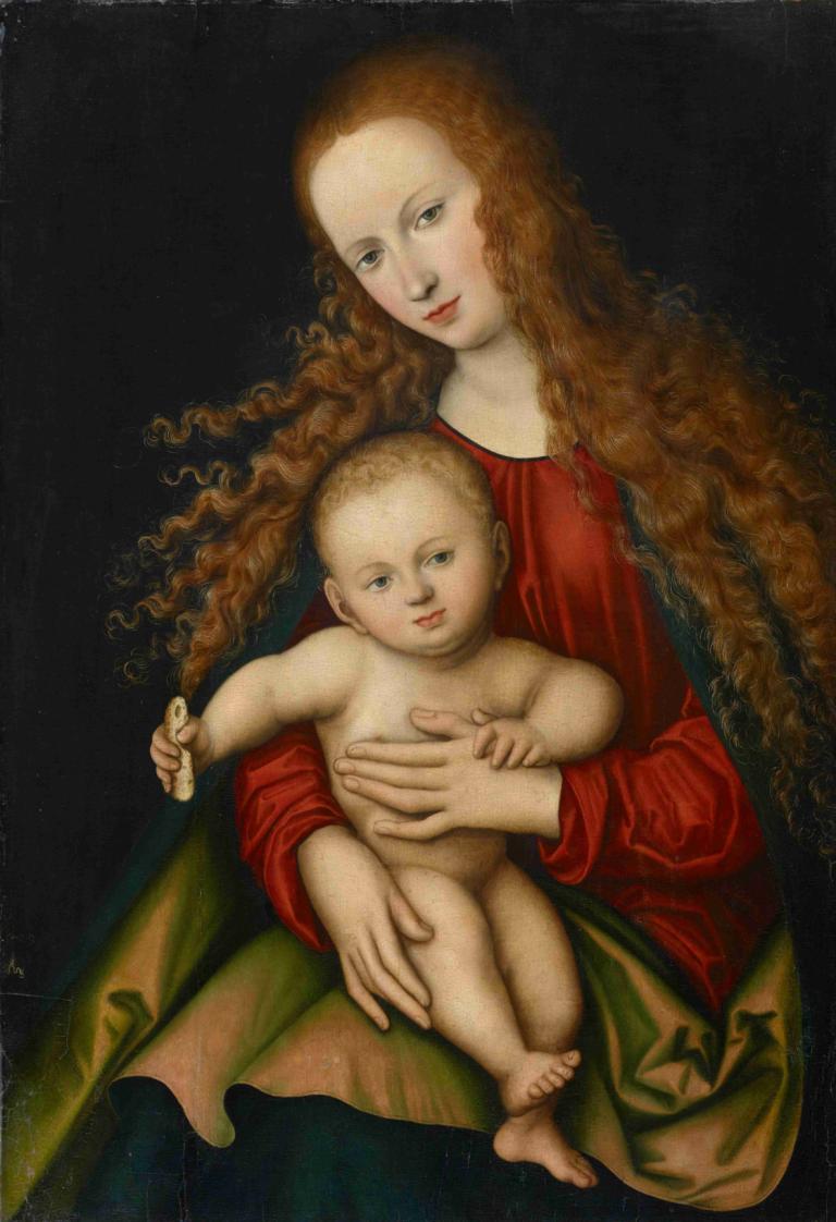 Virgin and Child,Lucas Cranach the Elder,Oil Painting,Oil Painting, fine art parody, baby, 1girl, long hair