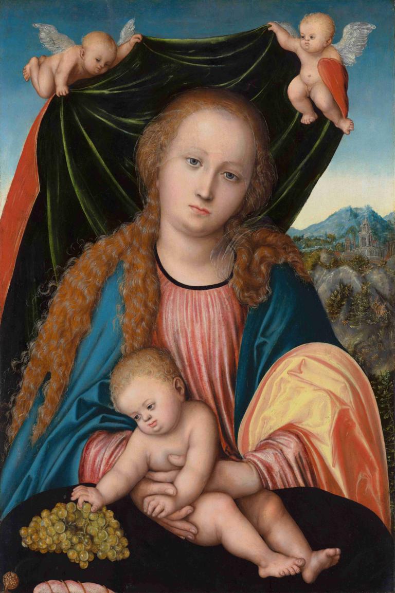 Virgin and Child,처녀와 아이,Lucas Cranach the Elder,장로 루카스 크라나흐,오일 페인팅,오일 페인팅, 미술 패러디, 날개, 현실적인, 여자 1명, 긴 머리, 맨발