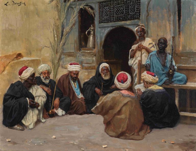 A Council Of Elders,Ludwig Deutsch,Oil Painting,Oil Painting, fine art parody, multiple boys, robe, beard