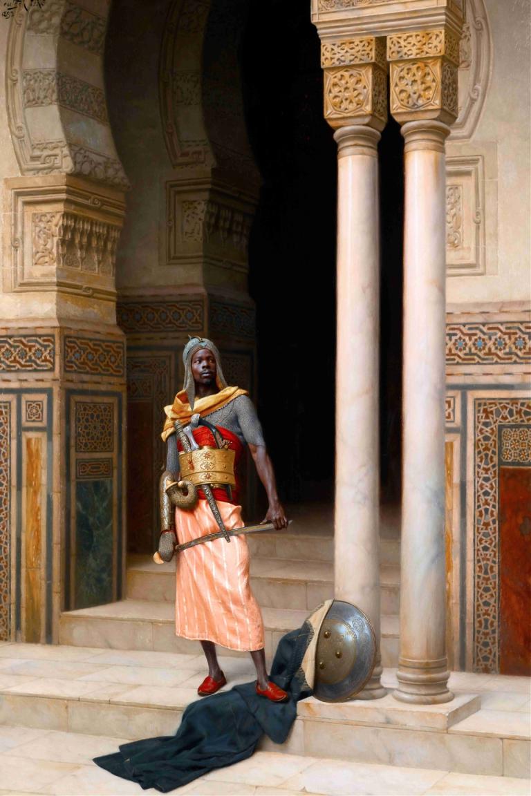 A Nubian Guard,Ludwig Deutsch,Oil Painting,Oil Painting, pillar, column, 1boy, male focus, statue, solo