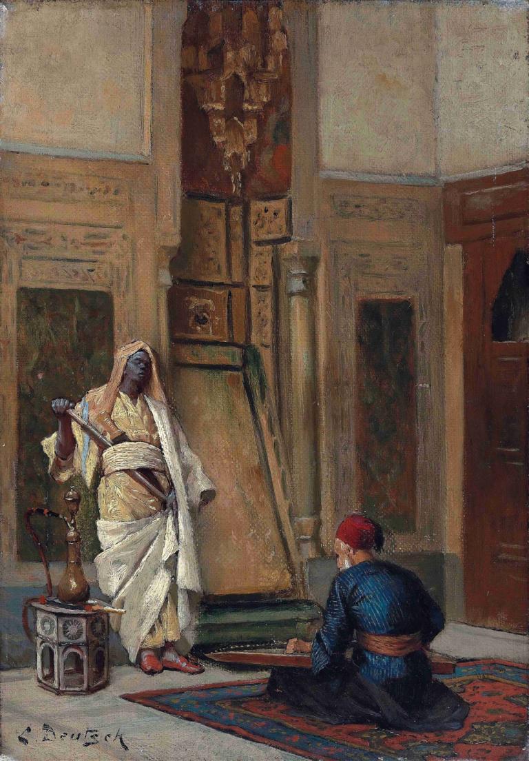 A musician and a guardsman in an oriental interior,Ludwig Deutsch,Oil Painting,Oil Painting, multiple boys