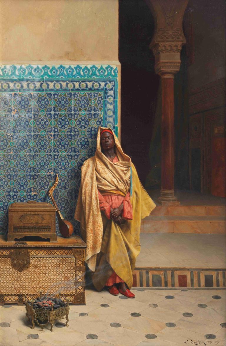 At the Mosque,Ludwig Deutsch,Oil Painting,Oil Painting, 1boy, male focus, solo, robe, statue, standing