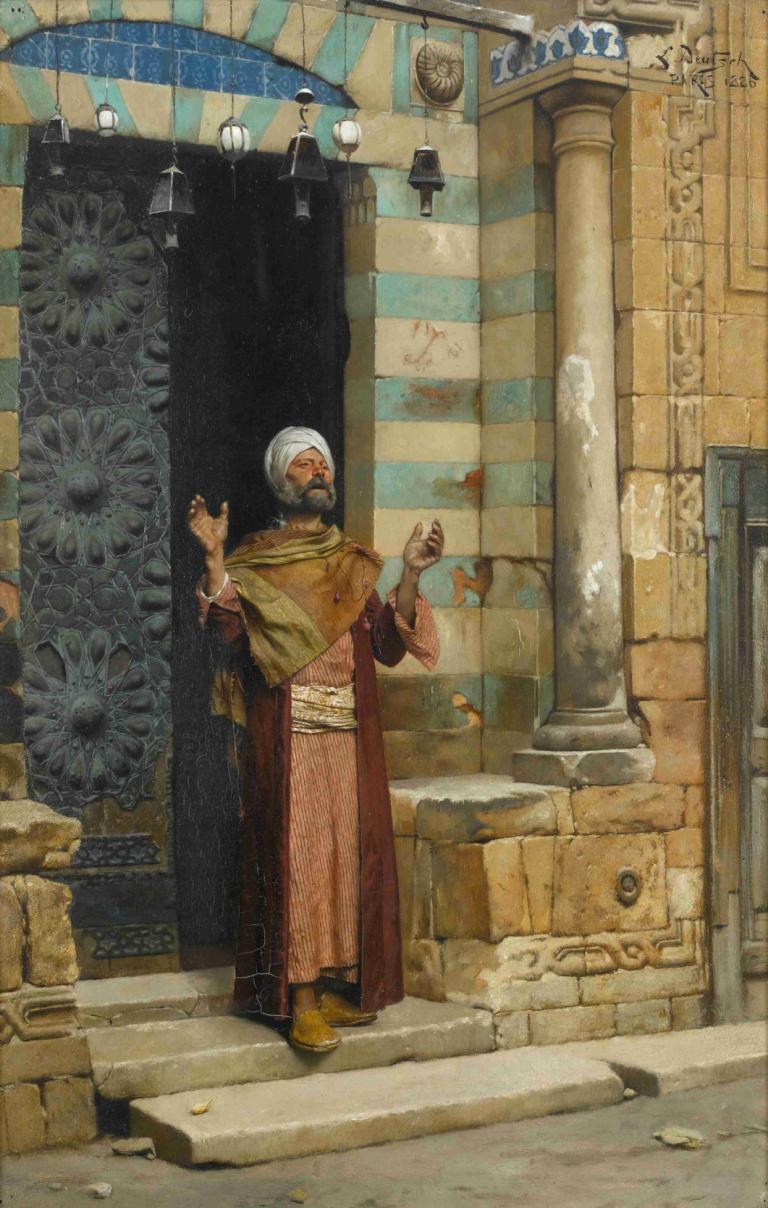 At the door of the mosque,Ludwig Deutsch,Oil Painting,Oil Painting, 1boy, male focus, solo, old, old man