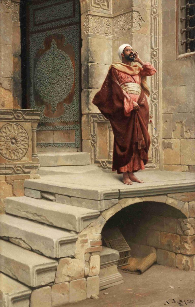 Calling the Faithful,Ludwig Deutsch,Oil Painting,Oil Painting, solo, 1boy, male focus, barefoot, scarf