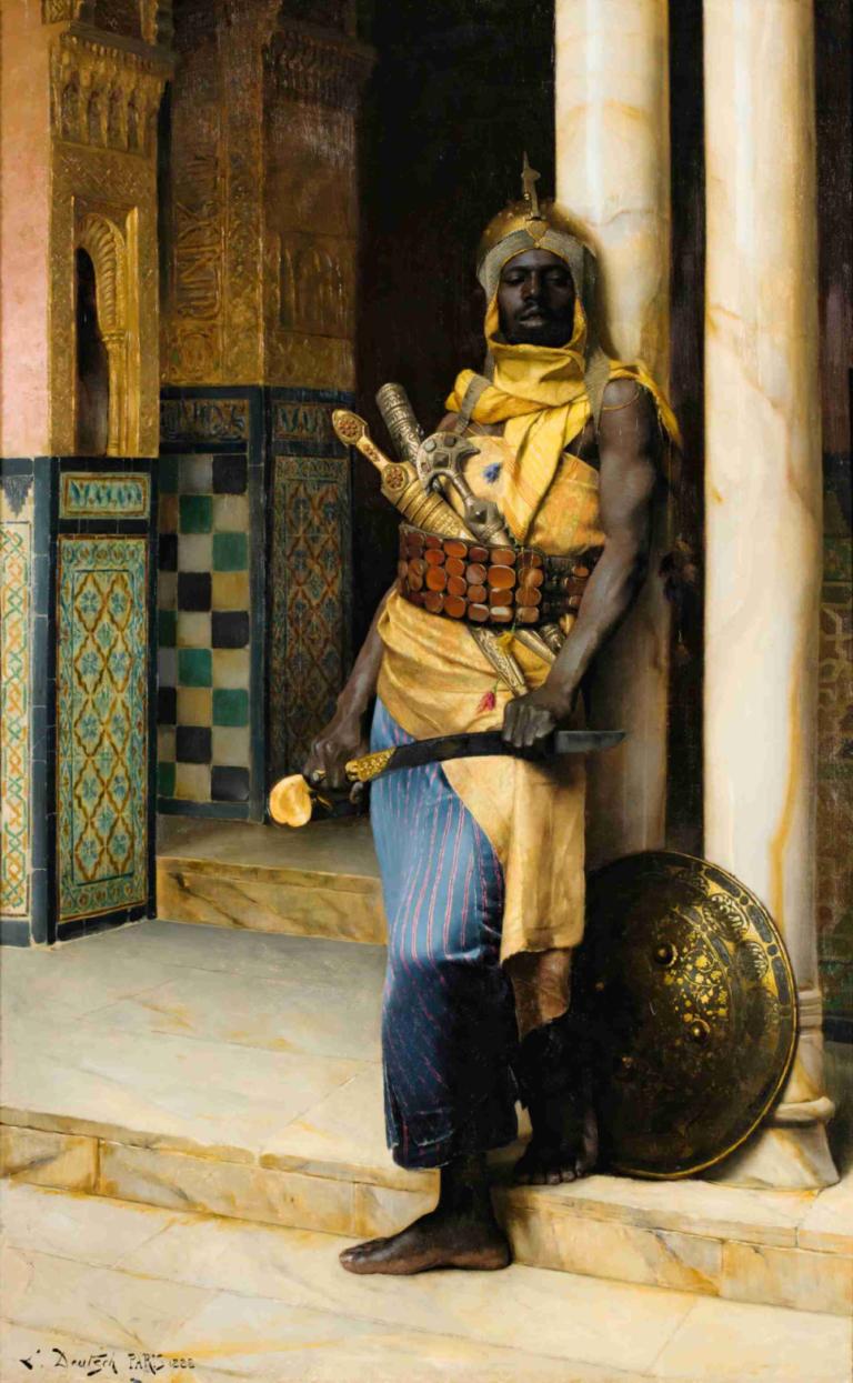 Guarding the Palace,宮殿の警備,Ludwig Deutsch,ルートヴィヒ・ドイチュ,油絵,油絵, 武器, 男の子1名, 男性の焦点, ソロ, 剣, シールド, ジュエリー, ネックレス, 黒い肌