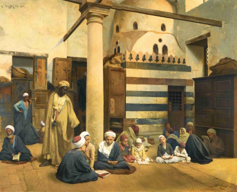 In the Madrasa,マドラサにて,Ludwig Deutsch,ルートヴィヒ・ドイチュ,油絵,油絵, 6人以上男の子, 複数の男の子, 帽子, 美術パロディ, あごひげ, 顔の毛, 座っている, 古い