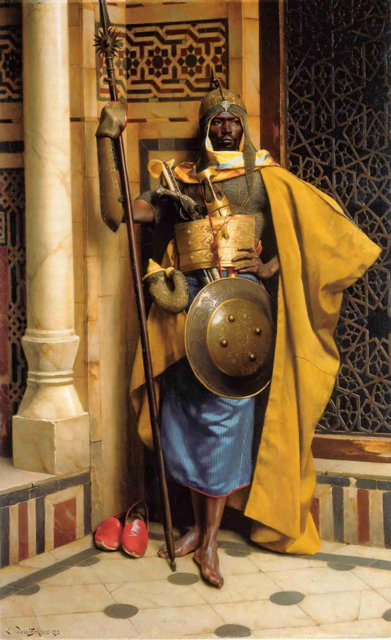 Le Garde Maure,Ludwig Deutsch,Oil Painting,Oil Painting, shield, helmet, male focus, weapon, armor, 1boy