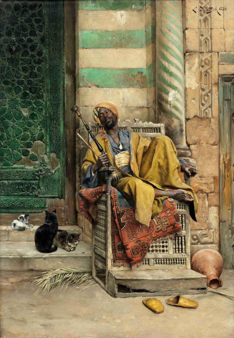 The Goza Smoker,Le fumoir Goza,Ludwig Deutsch,Peinture à l'huile,Peinture à l'huile, chat, 1garçon