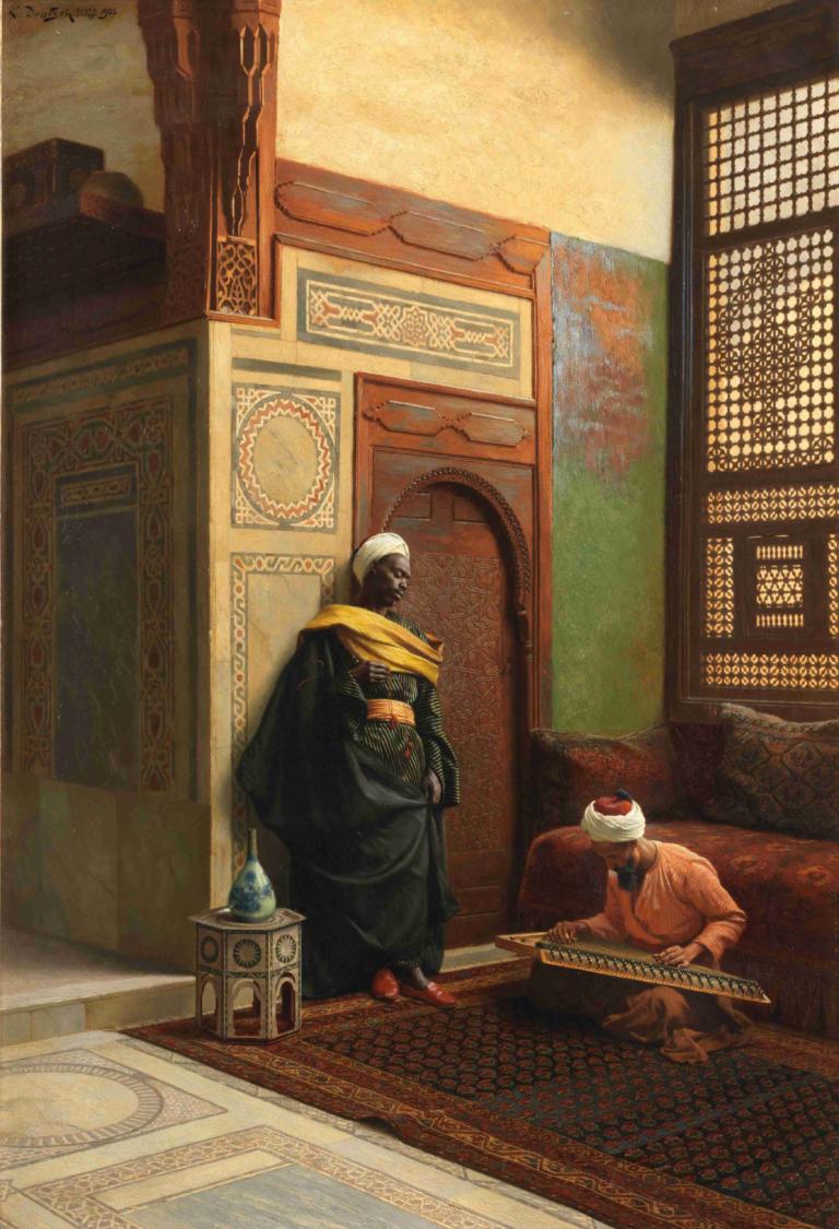 The Qanun Player,Ludwig Deutsch,Oil Painting,Oil Painting, indoors, scarf, 2boys, carpet, male focus, sitting