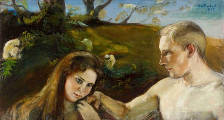 Adam and Eve,Magnus Enckell,Oil Painting,Oil Painting, 1girl, 1boy, bird, fine art parody, long hair, tree