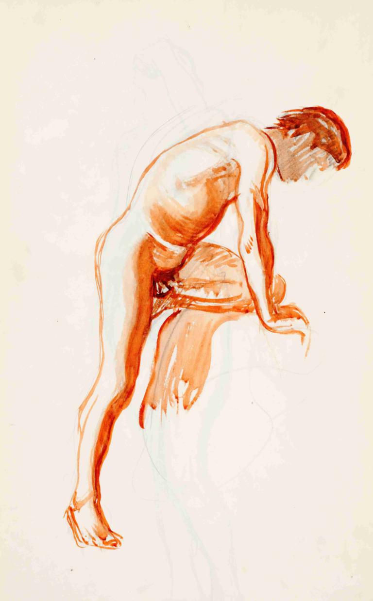 Alaston mies,Magnus Enckell,Color Sketch,Color Sketch, solo, nude, penis, 1boy, male focus, 1girl, monochrome