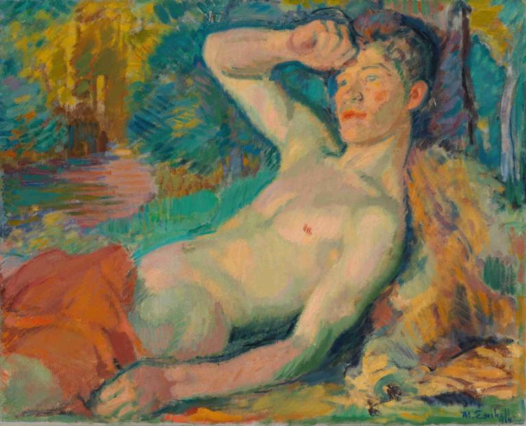 Awakening Faun,Magnus Enckell,Oil Painting,Oil Painting, male focus, 1boy, solo, lying, nipples, topless male