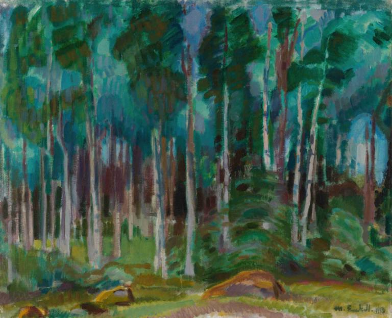 Birches in Vääksy,Magnus Enckell,Oil Painting,Oil Painting, nature, no humans, outdoors, forest, grass, tree