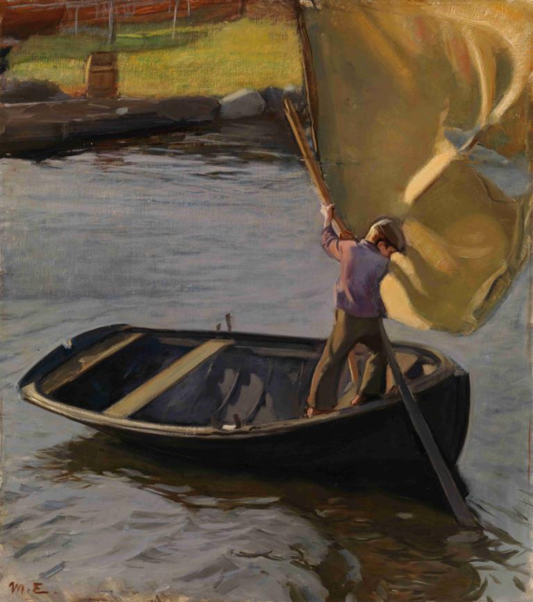 Boy and Sail,Magnus Enckell,Oil Painting,Oil Painting, watercraft, boat, 1boy, shirt, male focus, outdoors