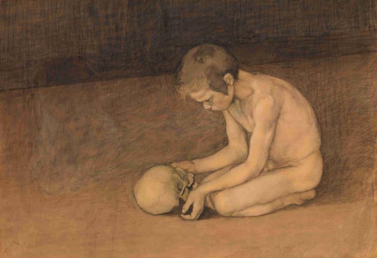 Boy with Skull,Kafatası Olan Çocuk,Magnus Enckell,Yağlı boya,Yağlı boya, çıplak, solo, 1 oğlan, kafatası