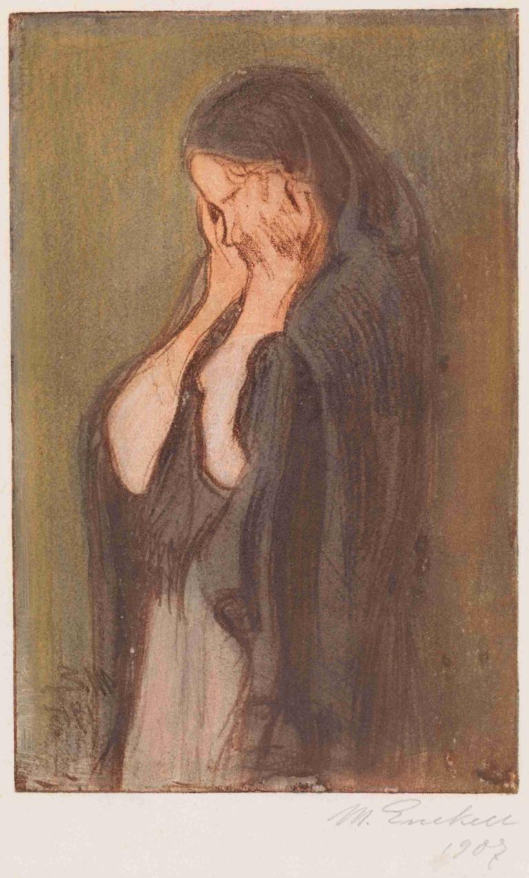 Crying Woman,Grædende kvinde,Magnus Enckell,Oliemaleri,Oliemaleri, solo, 1 pige, sort hår, dækkende ansigt