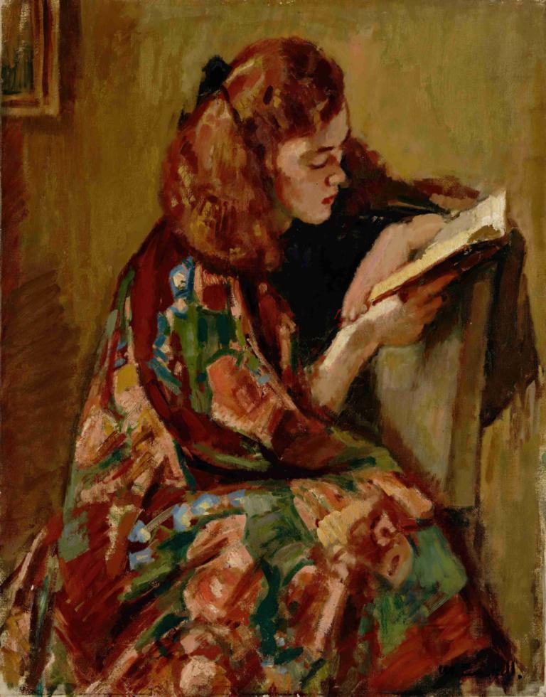 Girl Reading,Flickor som läser,Magnus Enckell,Oljemålning,Oljemålning, 1 tjej, solo, bok, Sammanträde