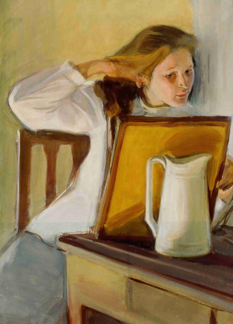 Girl Straightening Her Hair,Flicka som plattar håret,Magnus Enckell,Oljemålning,Oljemålning, solo, 1 tjej