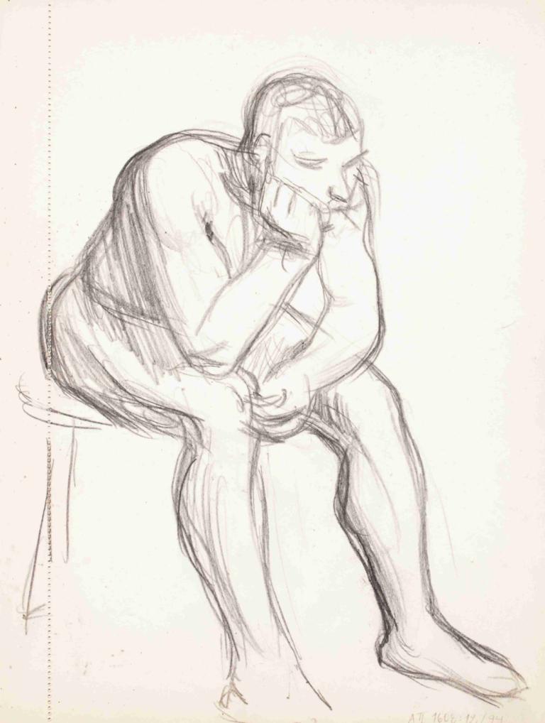 Istuva alaston mies miettii, luonnos,Hombre desnudo sentado reflexiona, boceto,Magnus Enckell,Bosquejo