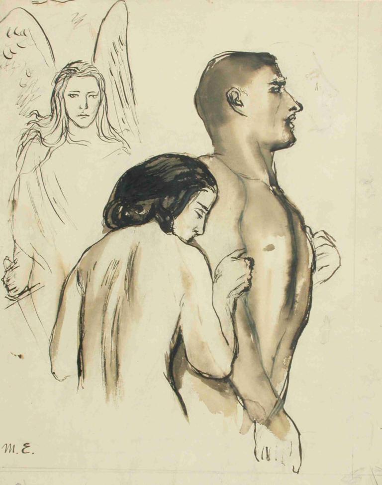 Karkoitus Paratiisista,Expulsión del Paraíso,Magnus Enckell,Bosquejo,Bosquejo, alas, varios chicos, desnudo