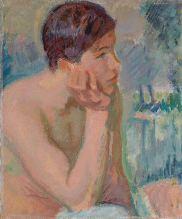 Lost in Thoughts,迷失在思绪中,Magnus Enckell,马格努斯-恩克尔,油画,油画, 独奏, 1男孩, 男性焦点, 短发, 坐着, 轮廓, 棕色的头发, 裸体, 头枕, 黑发, 手放在自己的脸上