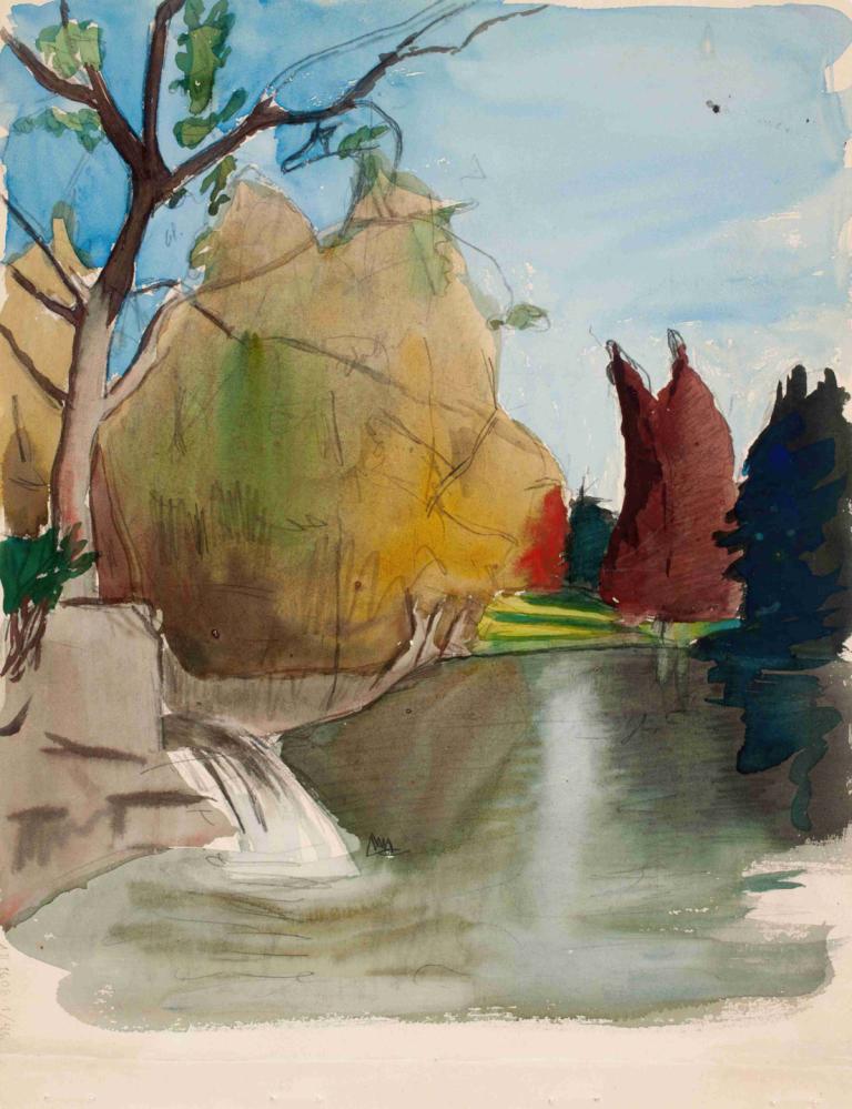 Maisema,景观,Magnus Enckell,马格努斯-恩克尔,油画,油画, 树, 户外, 水, 天, 风景, 天空, 红斗篷, 岬, 没有人类, 蓝天, 瀑布, 传统媒体