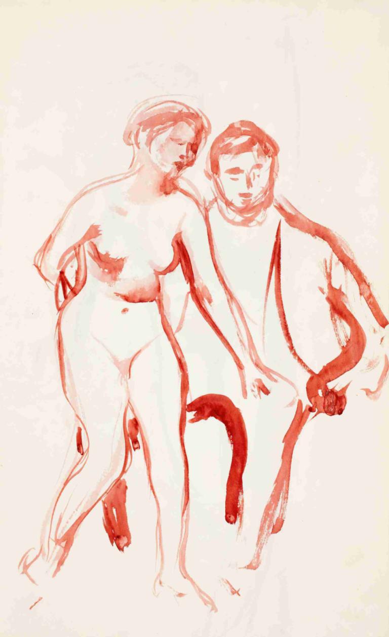 Mies ja malli, luonnos,Magnus Enckell,Color Sketch,Color Sketch, 1girl, nude, 1boy, breasts, monochrome