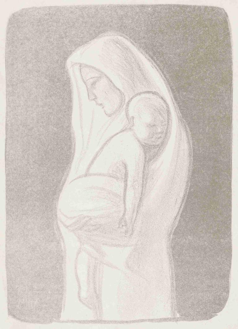 Mother,Magnus Enckell,Sketch,Sketch, solo, 1girl, monochrome, profile, closed eyes, from side