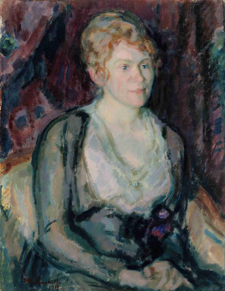 Portrait of Mrs. Agda Vilén,아그다 빌렌 부인의 초상화,Magnus Enckell,매그너스 엔켈,오일 페인팅,오일 페인팅, 여자 1명, 보석류, 블론드 헤어, 목걸이, 독주