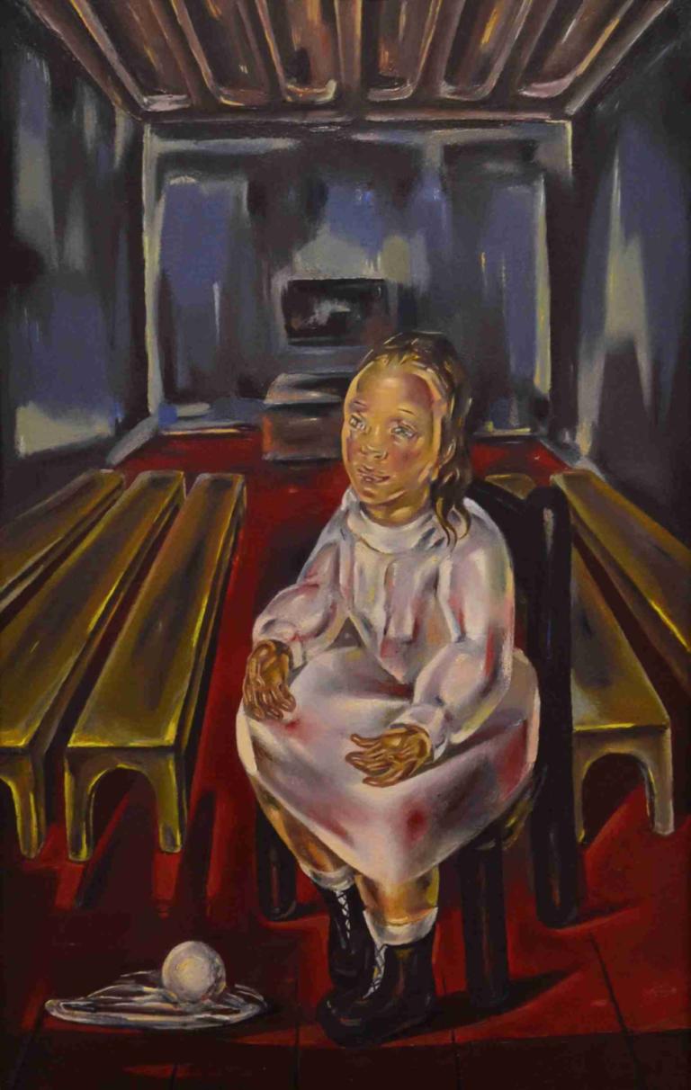 Fillette assise (dans la salle aux bancs),María Blanchard,Oil Painting,Oil Painting, solo, 1girl, sitting