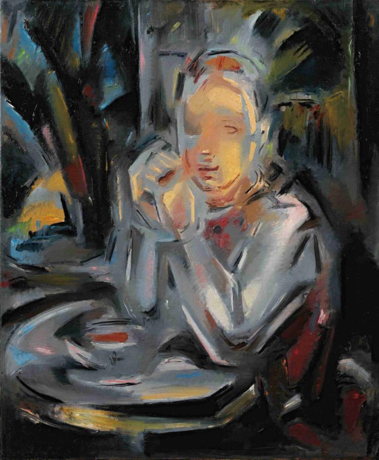 Jeune Assis À Table Face À Une Tasse,María Blanchard,Oil Painting,Oil Painting, solo, cup, teacup