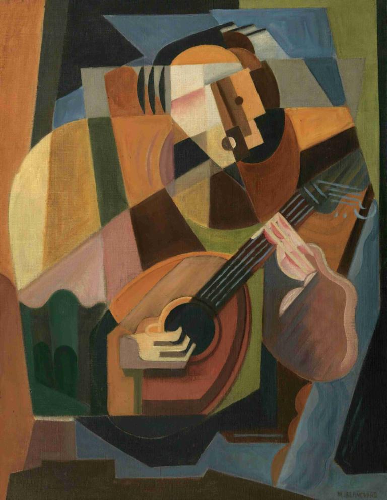 Le Joueur De Luth,María Blanchard,Oil Painting,Oil Painting, instrument, guitar, solo, long sleeves