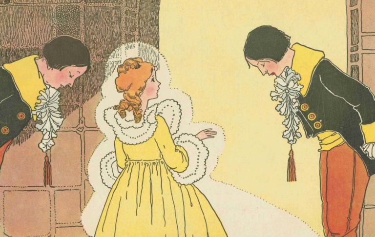 Princess Furball attends the royal festival adorned in her golden dress.,Margaret Evans Price,Illustration