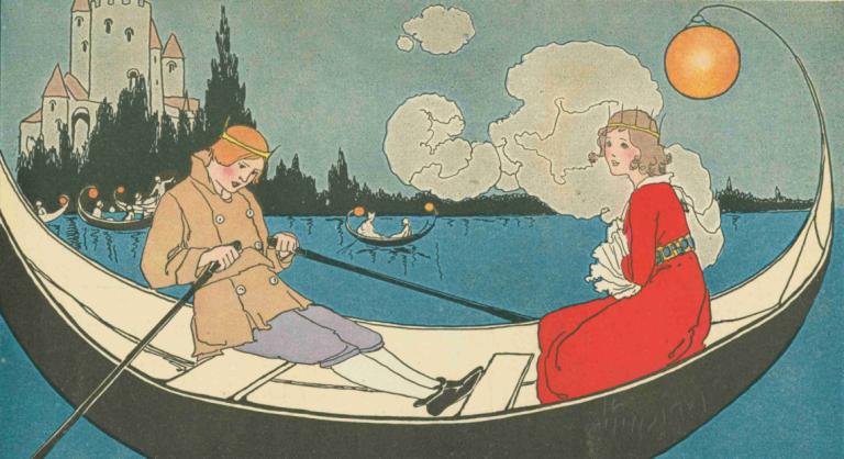 The dancing shoes,Margaret Evans Price,Illustration,Illustration, watercraft, boat, 1girl, cloud, 1boy