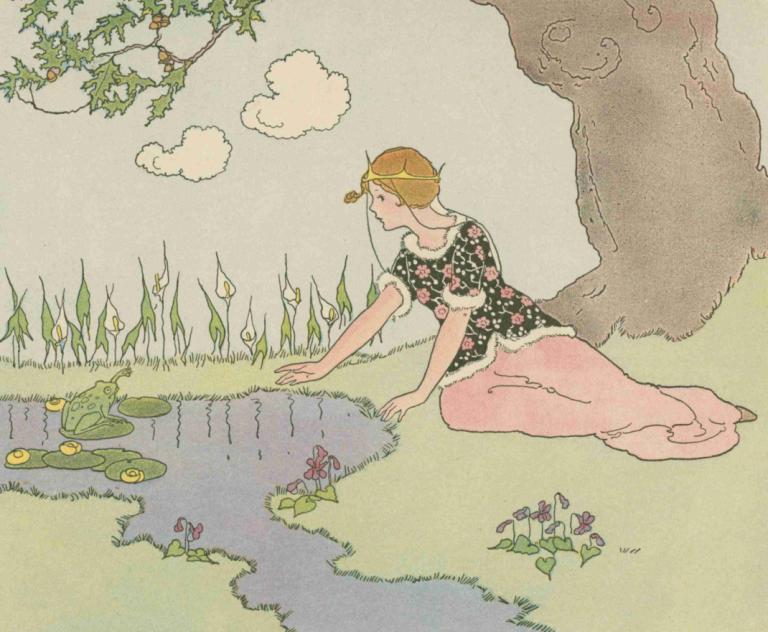 The frog prince,Margaret Evans Price,Illustration,Illustration, 1girl, solo, flower, cloud, tree, grass, leaf