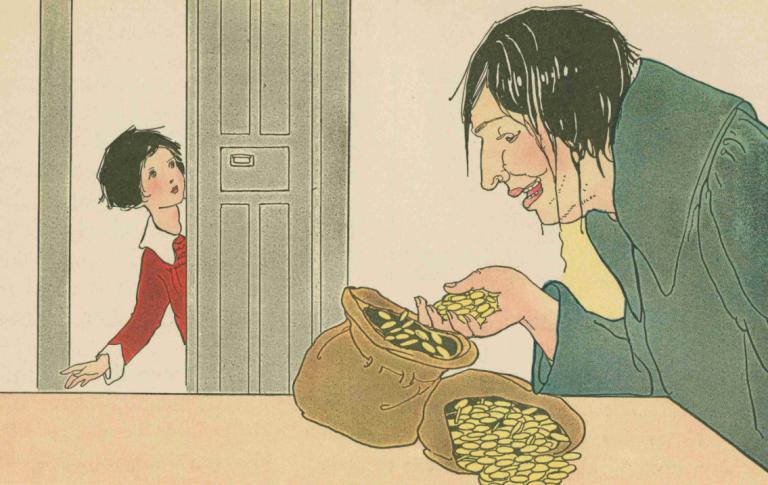 The ogre counting his money,Margaret Evans Price,Illustration,Illustration, 1girl, 1boy, black hair