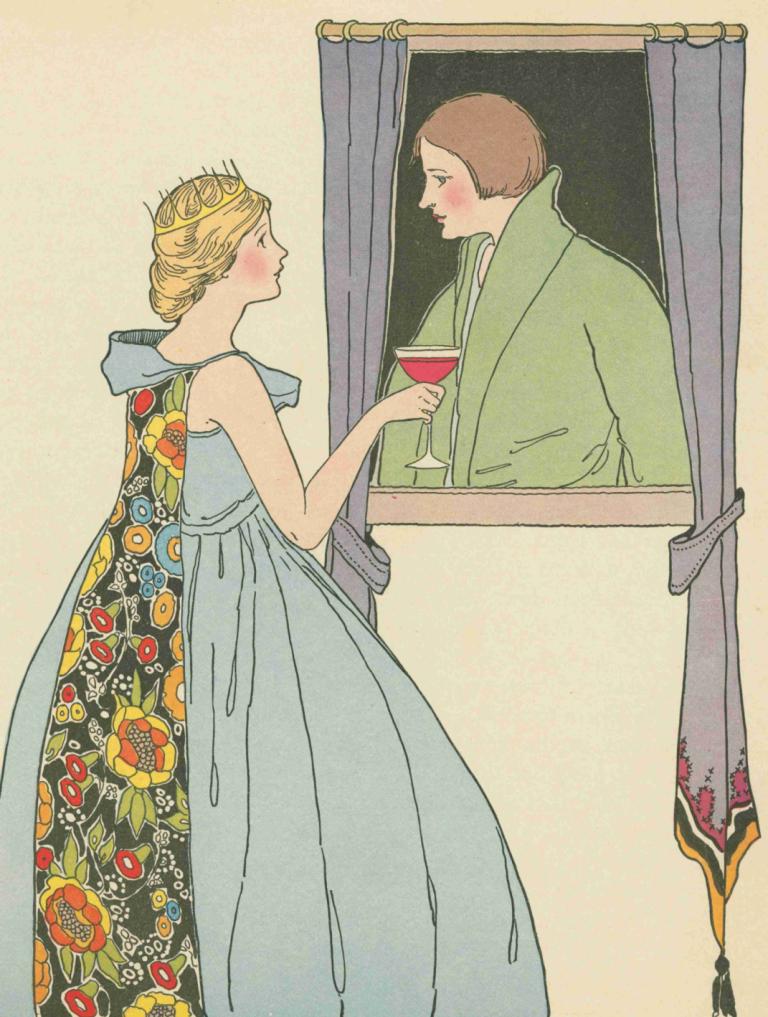 The princess offered the soldier a goblet of wine.,Margaret Evans Price,Illustration,Illustration, 1girl