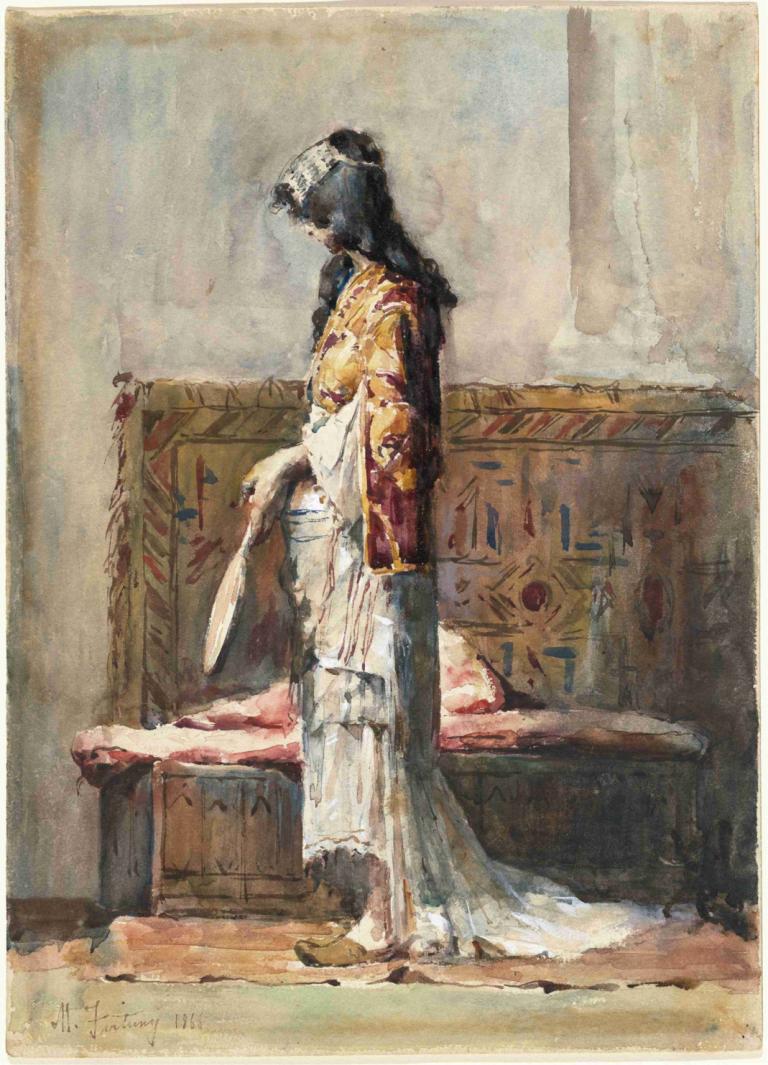 A Moroccan Woman in Traditional Dress,Mariano Fortuny Marsal,Oil Painting,Oil Painting, 1girl, solo